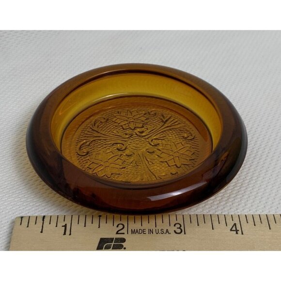 Vintage Amber Tiara Indiana Glass Sandwich Coaster Trinket Dish Embossed Floral - Picture 6 of 7